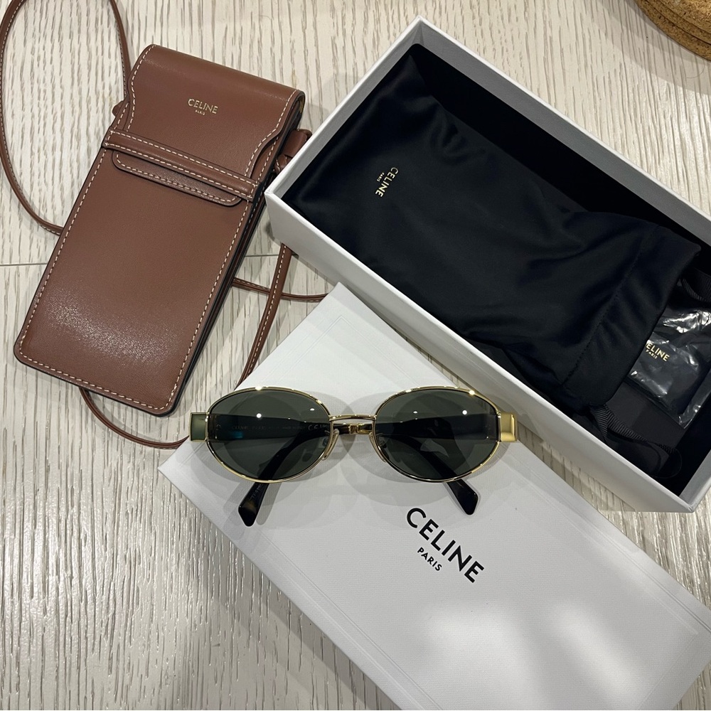Celine Brown Leather Phone Holder and Sunglasses Set